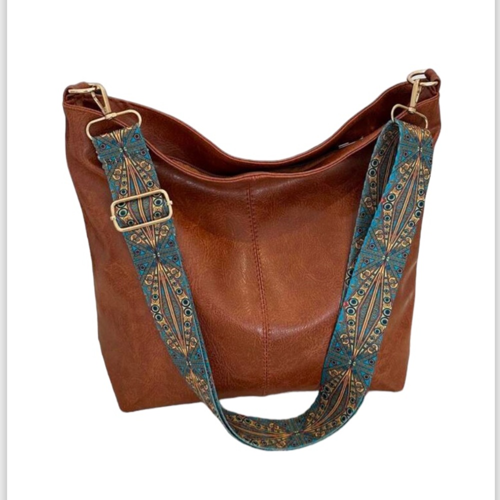 Brown Faux Leather Crossbody, Shoulder, Bohemian, Festival Strap Hobo Handbag